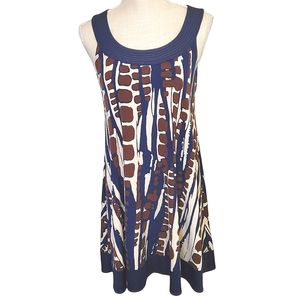 DONNA MORGAN | Women's blue, brown and white sleeveless halter dress. Size 2.